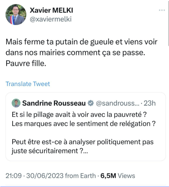 tweet de Xavier Melki, élu LR, s'en prenant violemment à Sandrine Rousseau dans des termes irrespectueux.