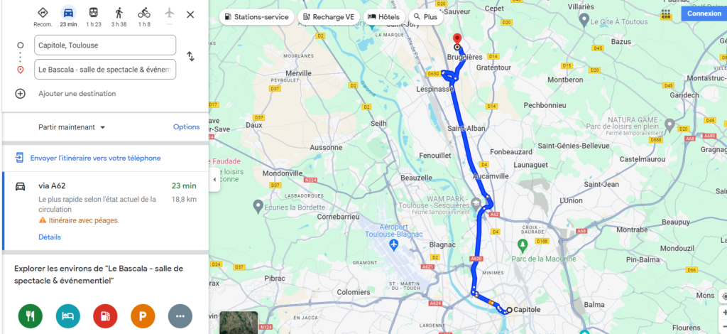 Trajet google maps entre le Capitole et Bruguières