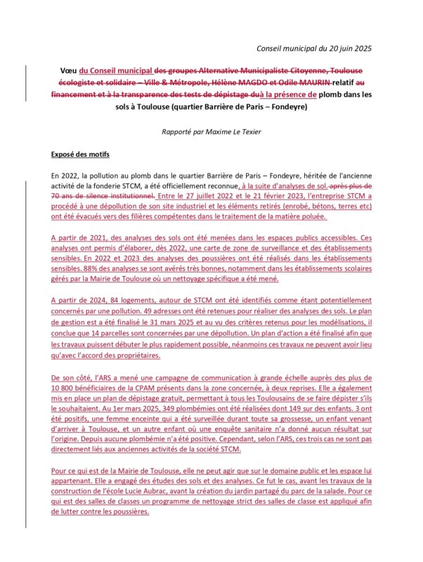 CMunicipal 20/06 – Vœu relatif au financement et à la transparence des tests de dépistage du plomb dans les sols à Toulouse (quartier Barrière de Paris – Fondeyre)