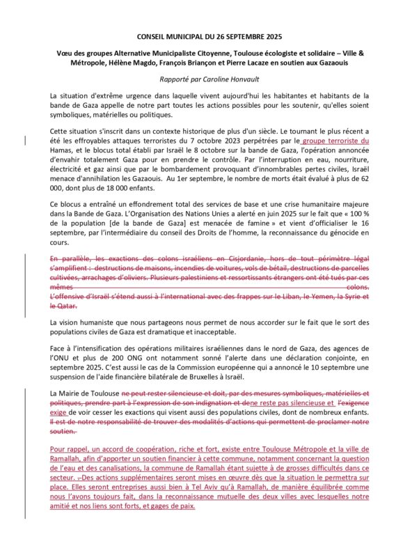 Vœu en soutien à Gaza : retiré